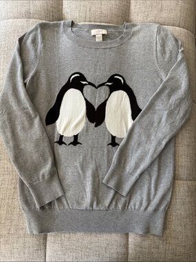 LOFT Gray Crewneck Sweater with Penguin Heart Intarsia